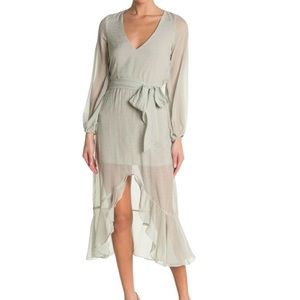 NSR Chiffon Morgan Midi Flutter Women’s Dress Long Sleeve Tie Waist Sea Green